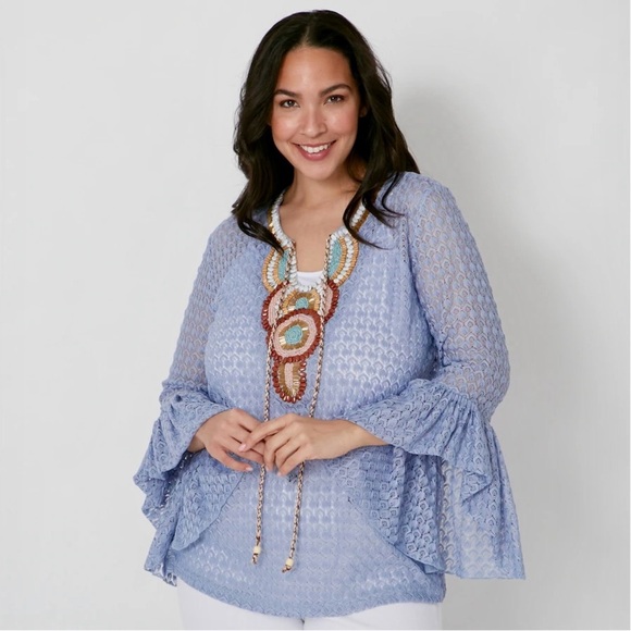 Celestial Blue Peasant Crochet Embroidered 70s Bohemian Bell Sleeves Top XL - Picture 2 of 5